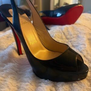 Christian Louboutin Black Peep-Toe Heels with Red Soles